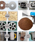Collage of rust removal, wood carving, aluminum wheels, glass etching, and metal components cleaned with blasting media.