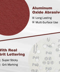 Close-up of 9 Inch Hook And Loop Drywall Discs Set 60 Pieces 10 Holes 40 To 240 Grits highlighting aluminum oxide abrasive and grit marking.