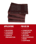 Stack of General Purpose Very Fine Aluminum Oxide Hand Pads for Scuffing and Cleaning 6x9 with application details