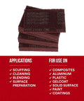 Stack of general purpose very fine grade hand pads in maroon color beside application and material use list.