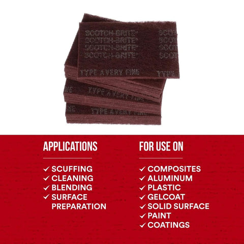 Stack of general purpose very fine grade hand pads in maroon color beside application and material use list.