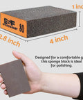 Close-up of Four Pcs Aluminum Oxide Sanding Blocks Grit 60 80 120 220 for Wood Metal Drywall, showing dimensions and hand grip.