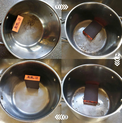 Four Pcs Aluminum Oxide Sanding Blocks Grit 60 80 120 220 for Wood Metal Drywall demonstrating cleaning a metal pot.