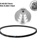Aluminum Pagoda Pulley Wheel Set For Benchtop Drill Press With Four And Five Step V Belt, shown with dimensions and V-belt