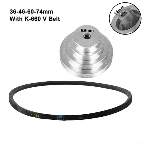 Aluminum Pagoda Pulley Wheel Set For Benchtop Drill Press With Four And Five Step V Belt, shown with dimensions and V-belt