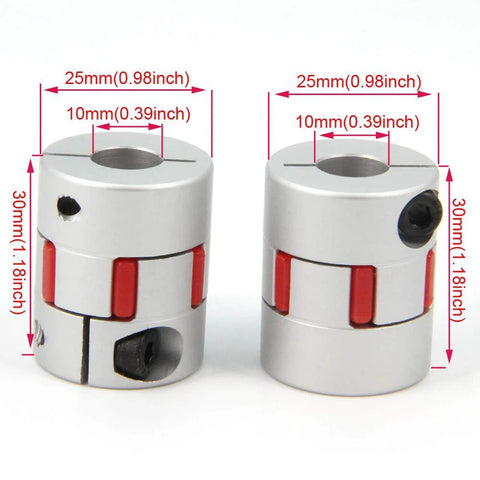 Two aluminum plum shaped flexible shaft couplings 10mm to 10mm for 3D printer CNC machine and servo stepper motors, 25mm x 30mm, 2 pack.