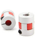 Two aluminum 8x8mm flexible shaft couplings with red inserts; 20mm diameter, 25mm length.