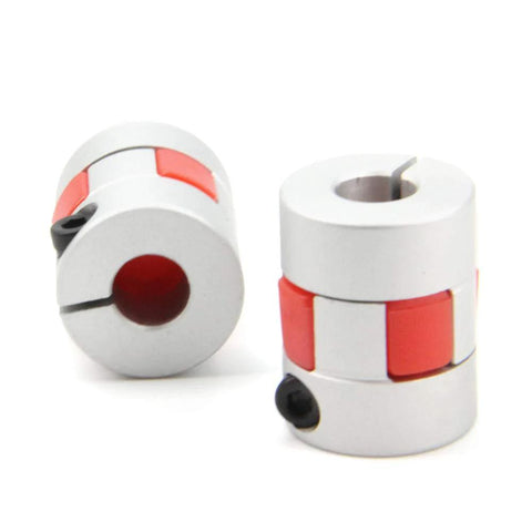 Two aluminum 8x8mm flexible shaft couplings with red inserts; 20mm diameter, 25mm length.