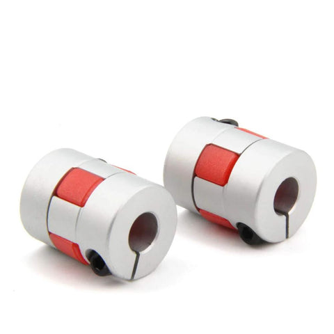Two aluminum 8mm-to-8mm flexible shaft couplers with red inserts, 20mm diameter, 25mm length