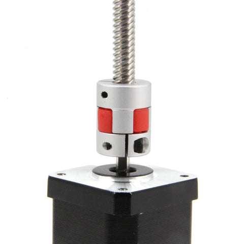 Aluminium flexible shaft coupling for 5x8mm to 8mm shafts with red clamps, mounted on motor shaft (installed)