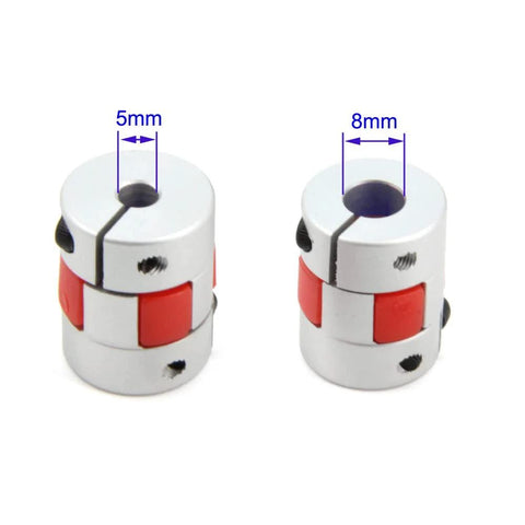 Aluminum Plum Shaped Flexible Shaft Coupling 5mm To 8mm Bore D20xL25 For Servo And Stepper Motors, two pieces with red inserts.