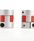 Two aluminum plum shaped flexible shaft couplings 5mm to 8mm bore D20xL25 with red inserts for servo motors. 0.98 inch length.