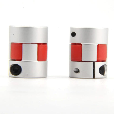 Two aluminum plum shaped flexible shaft couplings 5mm to 8mm bore D20xL25 with red inserts for servo motors. 0.98 inch length.