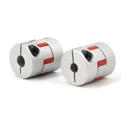 Two aluminum flexible shaft couplings, 25mm dia, 30mm length, 6.35–10mm bore, red clamps for 3D printers and CNC motors.