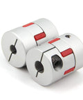 Aluminum Plum Flexible Shaft Coupling Set Of 2, 6.35mm To 10mm Bore, 25mm Diameter, shown with red polyurethane damping insert