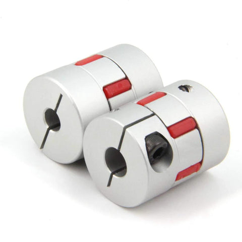 Aluminum Plum Flexible Shaft Coupling Set Of 2, 6.35mm To 10mm Bore, 25mm Diameter, shown with red polyurethane damping insert