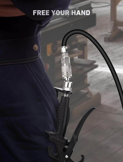 Pneumatic Tool Rafter Hook Hanger with 1/4 Inch & 360° Swivel Air Fitting attached to air tool on work belt