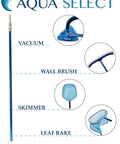 Telescoping Pool Vacuum Pole, 6 To 12 Foot Aluminum Pole For Skimmers, Brushes, Vacuums, And Nets displayed with attachments