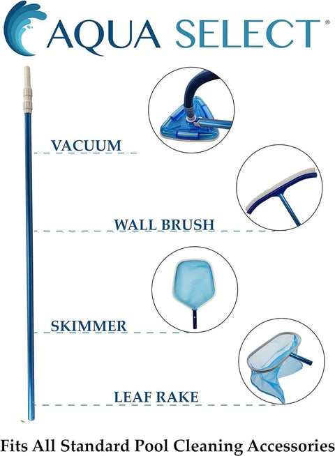 Telescoping Pool Vacuum Pole, 6 To 12 Foot Aluminum Pole For Skimmers, Brushes, Vacuums, And Nets displayed with attachments