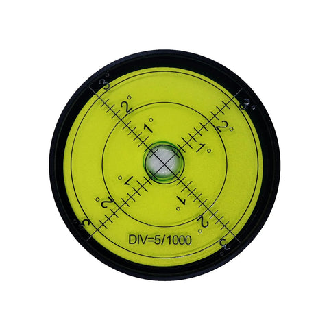 Circular view of durable aluminum high precision horizontal leveler with a 60mm circular vial and tilt sensitivity markings.