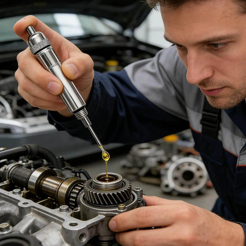 Mechanic using Car Precision Oiler Portable Aluminum Lube System Oiling Pen With Pocket Clip And Screw On Cover on engine part