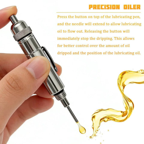Car Precision Oiler Portable Aluminum Lube System Oiling Pen With Pocket Clip and Screw On Cover, shown dispensing oil.
