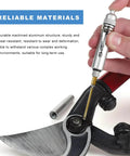Aluminum Precision Oiler Pen With Solid Needle And Pocket Clip lubricating garden shears, showing close-up use on mechanical equipment.