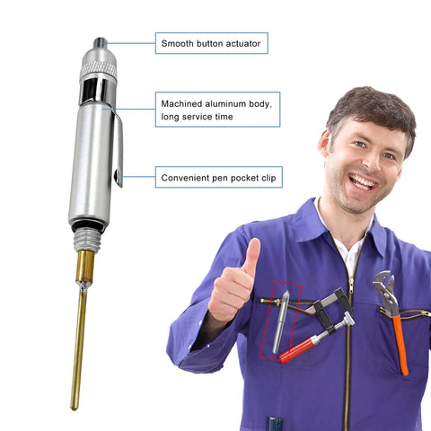 Aluminum Precision Oiler Pen With Solid Needle And Pocket Clip Portable Lightweight Lube System Oiler For Machine Maintenance And Car Accessories held by smiling technician
