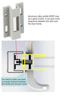 Diagram of White Patio Door Handle Set with Cylinder Lock, showing installation and spacing details for sliding door compatibility.