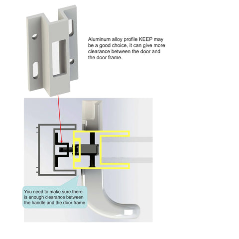 Diagram of White Patio Door Handle Set with Cylinder Lock, showing installation and spacing details for sliding door compatibility.