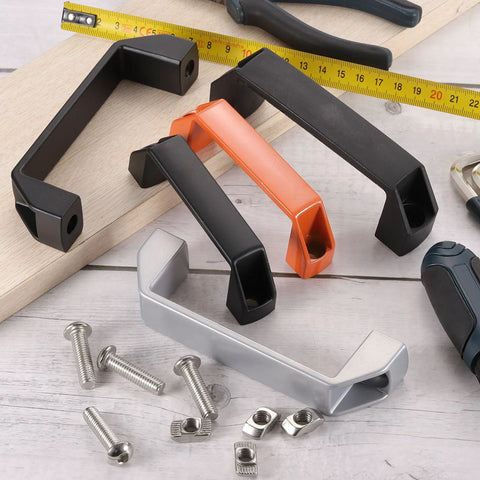 Two Pack Rectangular Aluminum Alloy Pull Handles With 120mm Hole Center for cabinets and gates, with installation screws displayed