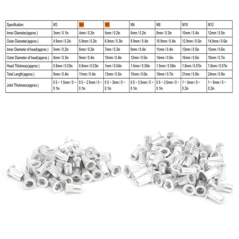 Aluminum Pull Riveting Nuts WJ30045 Flat Head Vertical Hardware Accessories M4 100Pcs Set scattered on white background