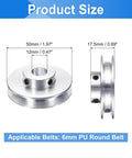 Front and side view of Single Groove Belt Pulley 12mm Fixed Bore 50mm Outer Diameter Aluminum Alloy for 6mm PU round belts.