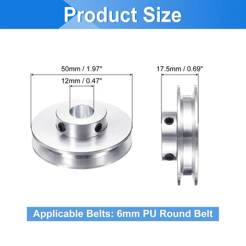 Front and side view of Single Groove Belt Pulley 12mm Fixed Bore 50mm Outer Diameter Aluminum Alloy for 6mm PU round belts.