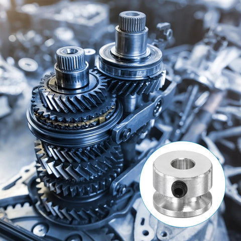 Aluminum Fixed Bore Pulley 16mm OD With 6mm Aperture And 5mm Groove For 4mm PU Belt 12mm Height Includes Hex Wrench 1pc displayed with gears