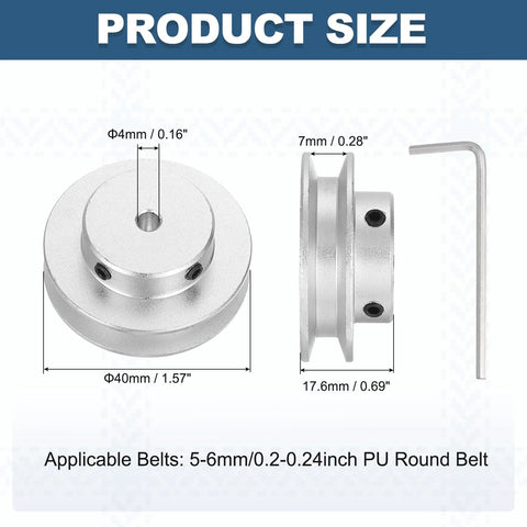 Aluminum single groove pulley for 5–6 mm belts offers smooth power transfer with a 40 mm outer diameter and 4 mm bore, includes hex wrench.