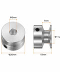 Aluminum Single Groove Pulley With 5mm Bore And 20mm Diameter Including Hex Wrench For Easy Setup, side and front view with dimensions