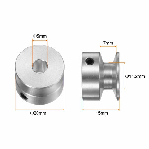 Aluminum Single Groove Pulley With 5mm Bore And 20mm Diameter Including Hex Wrench For Easy Setup, side and front view with dimensions