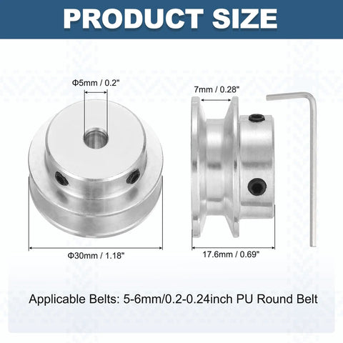 Front and side view of lightweight aluminum fixed-bore pulley for 5 to 6mm belts, 5mm bore, 30mm diameter with hex wrench.