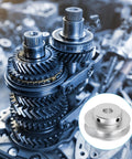 Fixed-bore aluminum pulley with an 8mm bore and 40mm OD, 7mm groove for 5–6mm PU belts, shown with machine gears, silver finish