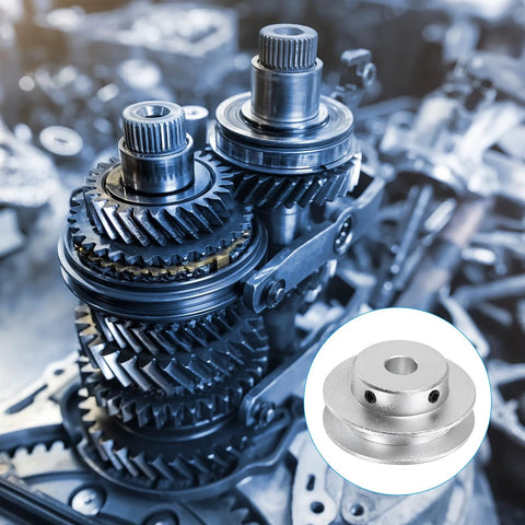 Fixed-bore aluminum pulley with an 8mm bore and 40mm OD, 7mm groove for 5–6mm PU belts, shown with machine gears, silver finish