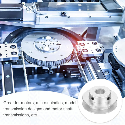Lightweight aluminum fixed-bore pulley for 5 to 6mm belts with 5mm bore, 30mm outer diameter, shown in industrial setup.