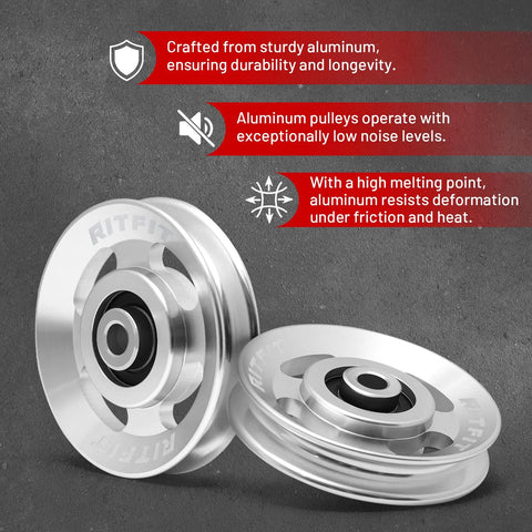 Pro Grade Aluminum Heavy Duty Pulley Wheel For Gym Equipment RitFit 90mm Bearing Pulley Set, showing two pulleys with durability features.