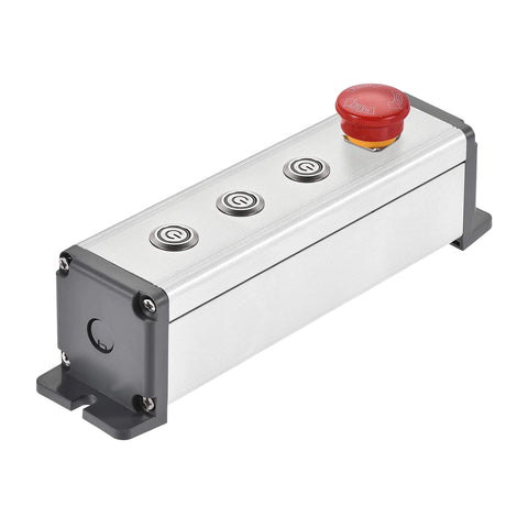 4 Hole 16mm Aluminum Push Button Station Box With PG7 Cable Gland And Mounting Base, shown in durable aluminum with mounting base
