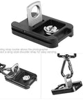 Aluminum Alloy QR 60 Quick Release Plate with one quarter inch screw mount, anti slip rubber pads, and strap buckle attachment loop.