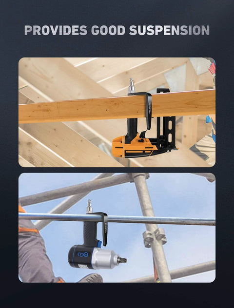 Pneumatic Tool Rafter Hook Hanger with 1/4 Inch & 360° Swivel Air Fitting holding air tools on beams and scaffolding.