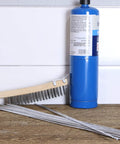 USA Made Aluminum Repair Brazing Rods Set by Alumaloy, 20 Rods shown with torch and brush on wooden surface