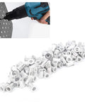 Assorted M3-M10 galvanized aluminum rivet nuts next to drill, part of 100Pcs Pull Riveting Nuts Kit For Aluminum Panels And Pipes With Storage Box.
