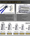 Aluminum Pressure Rivet Nut Tool Kit With 430 Piece Metric Rivet Nuts Set M3 M4 M5 M6 M8 For Furniture Automotive Marine And Industrial Projects DIY Ready Heavy Duty Installations And Quick Attach layout