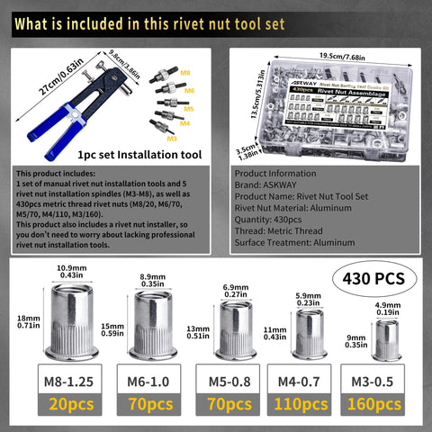 Aluminum Pressure Rivet Nut Tool Kit With 430 Piece Metric Rivet Nuts Set M3 M4 M5 M6 M8 For Furniture Automotive Marine And Industrial Projects DIY Ready Heavy Duty Installations And Quick Attach layout